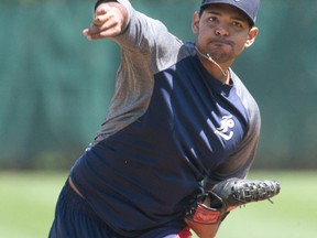 London Majors pitcher Oscar Perez works out at Labatt Park. The Majors play their home-opener Friday night against the Hamilton Cardinals. (Derek Ruttan/The London Free Press)