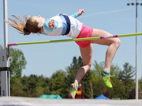 Kingston Collegiate’s Amanda Black won the junior girls high jump with a personal best of 1.55 metres at the Kingston Area Secondary Schools Athletic Association track and field championships at CaraCo Field on Thursday. (Julia McKay/The Whig-Standard)