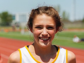 Regiopolis-Notre Dame’s Brogan MacDougall won the midget girls 800 metres in record time at the Kingston Area Secondary Schools Athletic Association track and field Championships on Thursday. (Julia McKay/The Whig-Standard)