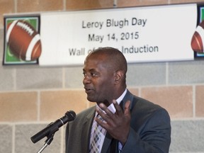 Leroy Blugh speaks at an event in Napanee that inducted him to the Napanee Wall of Fame. (Meghan Balogh/Postmedia Network)