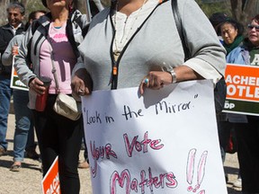 Union members and special interest groups take part in a Rally for the Public Good outside the Alberta legislature on May 2.