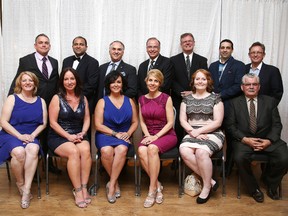 Gino Donato/Sudbury Star
The Greater Sudbury Chamber of Commerce Chamber Bell Business Excellence Awards winners include (front row) Jodie Gibson of Adoro Olive Oils & Vinegars, Lisa Jones of the TownePlace Suites by Marriott, Lisa Lounsbury of New Day Wellness, Stephanie Piche of Legacy Events, John Moran of Moran Mining and Tunnelling, (back row, from left) Shawn Mailloux of Stack Brewing, Abhay Bhargava of TownePlace Suites by Marriott, Robert Boucher and Jean-Marc Spencer of Desjardins Caisse Populaire des Voyageurs, Rob Tkachuk of Canadian Tire Hanmer, Jason Moran of Moran Mining & Tunnelling and Wayne Ablitt of Jannatec Technologies.