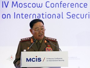 Senior North Korean military officer Hyon Yong Chol delivers a speech during the 4th Moscow Conference on International Security (MCIS) in Moscow on April 16, 2015. (REUTERS/Sergei Karpukhin)