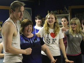 Jeff Frank, right, during a dance number rehearsal for Vermilion Theatre Productions' latest play - Aladdin. Frank, who hails from Kitscoty, plays the title character of Aladdin. - Chris Roberts Photo