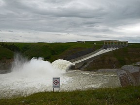 Water isn't rushing like it once was during the flooding of June 2014, but now the MD has tapped into the Oldman River Reservoir with an emergency pump and pipeline that will help relieve the water conservation order that Lundbreck and Cowley have been under since the beginning of July. | John Stoesser photo/Pincher Creek Echo.