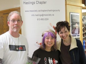 MS SOCIETY PHOTO
The MS Society's Hastings chapter manager, Joe MacLeod, stands with top local MS Walk fundraiser Deborah Best, centre, and eastern Ontario director Laurel Mackenzie. Best has raised $10,000 or more for the walk in three previous years and is on track to do it again this month.