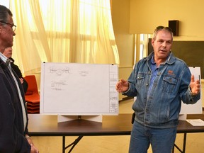 BM Ross project manager Dennis Elliott (right) explains to the crowd of business owners gathered at the Streetscape Openhouse at the West Perth municipal building May 13 how the process of laying down new sidewalk will work, and how it will affect day-to-day operations at each downtown business. GALEN SIMMONS/MITCHELL ADVOCATE