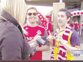 CityNews reporter Shauna Hunt confronts Toronto FC fan who tried to disrupt her news report with an obscene, misogynist phrase that has been making the rounds. (City News TV/Postmedia Network)