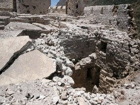 Damage is seen in the Qahira fort after air strikes, in Yemen's southwestern city of Taiz May 12, 2015. Folklore calls Yemen the cradle of the Arabs but its ancient heritage is being destroyed as the Arab world's most powerful states bomb Houthi rebels in the impoverished country. Air strikes this week on the Ottoman fort of white stone on a mountaintop overlooking Taiz has been pounded for days after the Iran-allied fighters, Yemen's dominant force, holed up there. Picture taken May 12, 2015. REUTERS/Stringer