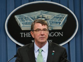 U.S. Defense Secretary Ash Carter speaks at a news conference at the Pentagon in Washington, in this file photo taken May 1, 2015. Carter announced on Saturday that U.S. Special Forces had conducted an operation in Eastern Syria and killed senior Islamic State leader Abu Sayyaf.  REUTERS/Yuri Gripas/Files