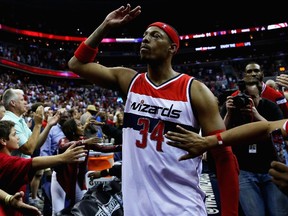 Paul Pierce waves to fans as he leaves the court following the Wizards 94-91 loss to the Hawks in Washington, DC, on Friday, May 15, 2015. (Maddie Meyer/Getty Images/AFP)