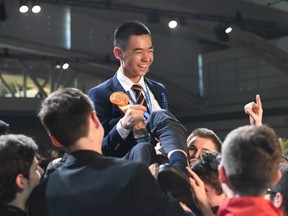 Raymond Wang celebrates his first-place win at the Intel International Science and Engineering Fair in Pittsburgh, May 15, 2015. (KATHY WOLFE/Intel)