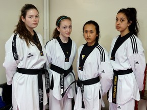 Four members of the Sarnia Olympic Taekwondo Martial Arts Academy are competing for a spot on the junior national team at a selection event June 26 in Montreal. From left are Danielle Ennett, Chloe Pretty, Urvashi Thongam and Jewelian Blackbird. Handout Photo/Sarnia Observer/Postmedia Network