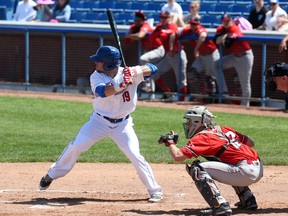 Ottawa Champions' Mike Schwartz prepares to take a swing Sunday afternoon as Ottawa hosted the Trois-Rivieres Aigles at Raymond Chabot Grant Thornton Park. (Chris Hofley/Ottawa Sun)