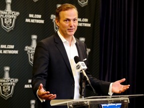 Head Coach Jon Cooper of the Tampa Bay Lightning speaks to the media ahead of Game One of the Eastern Conference Finals against the New York Rangers during the 2015 NHL Stanley Cup Playoffs at Madison Square Garden on May 16, 2015 in New York City. (Bruce Bennett/Getty Images/AFP)