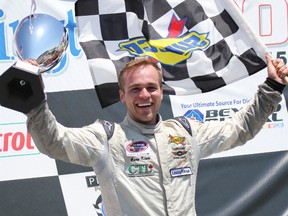 Gary Klutt is all smiles after winning the NASCAR Canadian Tire Series Pinty’s Clarington 200 on Sunday in the Victoria Day Speedfest Weekend at Canadian Tire Motorsports Park. (John Walker/photo)