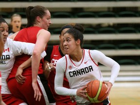 Kia Nurse, shown here driving with the ball last week during camp at the Saville Community Sports Centre, just finished her freshman season as a starter with the University of Connecticut Huskies. (Tom Braid, Edmonton Sun)