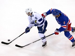 Tampa Bay Lightning center Tyler Johnson controls the puck against New York Rangers defenseman Kevin Klein during the first period of game two of the Eastern Conference Final of the 2015 Stanley Cup Playoffs at Madison Square Garden. (Brad Penner/USA TODAY Sports)