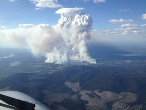 A wildfire believed to be human-caused that has forced the evacuation of 80 people is still burning southwest of Prince George, B.C. (Postmedia Network/B.C. wildlife management branch)
