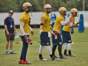Winnipeg Blue Bombers quarterbacks, from left, Josh Portis, Drew Willy, Corey Robinson and Robert Marve run passing drills during a spring workout last month in Florida. Training camp for the team opens on May 31, with rookies reporting May 27. (Steven Nesius/Postmedia Network file photo)