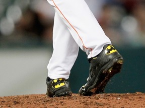 Lance McCullers of the Houston Astros made his MLB debut wearing “Batman” cleats against the Oakland Athletics at Minute Maid Park on May 18, 2015 in Houston. (Bob Levey/Getty Images/AFP)