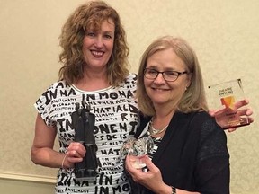 Director Holly Wenning, left, and producer Carol Kennedy with the Theatre Ontario Festival outstanding production award Theatre Sarnia won for its production of The Clean House at the recent event held in Oshawa. (Handout photo)