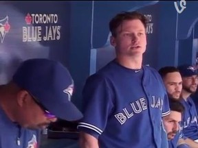 Blue Jays' Josh Donaldson has heated exchange with Angels dugout in Toronto Monday, May 18, 2015.