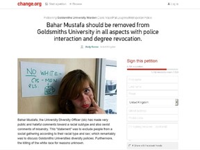 Change.org petition to have Bahar Mustafa removed from Goldsmiths University. (Website screenshot)