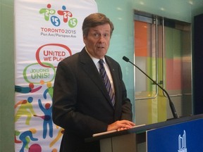 Mayor John Tory speaks to reporters in Toronto on Tuesday May 19, 2015. (Don Peat/Toronto Sun)