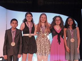 Submitted Photo
Winners at the 2015 Canada-wide Science Fair: (left to right) Aiden Haddad, Holly Tetzlaff, Alex Schneider, Sara Evans, and Meera Moorthy.