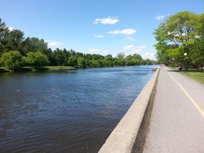A female cyclist and male jogger​ jumped into this area of the Rideau Canal after they noticed a cyclist had “toppled over” and landed into the water ahead of them around 10 a.m. on Tuesday, May 19, 2015. (Keaton Robbins/Ottawa Sun)