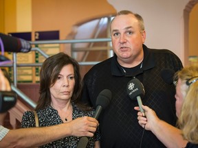Kathleen and Gordon Stringer speak with the media following the first day of the coroner's inquest for their daughter Rowan Stringer. May 19, 2015. Errol McGihon/Postmedia Network