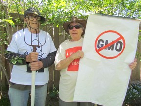 Sid Rose, left, stands on Wednesday May 20, 2015 in Petrolia, Ont., with Theo MacKenzie, organizer of a March Against Monsanto event set for Saturday, 10 a.m., at Sarnia City Hall, to protest genetically modified food.  (Paul Morden/Sarnia Observer/Postmedia Network)