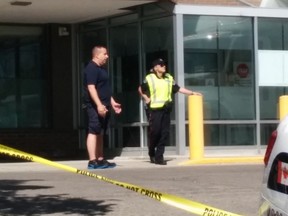 The scene outside Guelph General Hospital where police shot and killed man on Wednesday. (Kate Schwass-Bueckert/Postmedia Network)