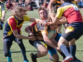 Three Napanee Golden Hawks swarm a La Salle Black Knights ball carrier in the Kingston Area Secondary Schools Athletic Association senior boys rugby final at Nixon Field on Wednesday. Napanee won the game 17-14. (Tim Gordanier/The Whig-Standard)