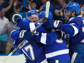 Lightning centre Alex Killorn (17) celebrates with teammates after scoring a goal against the Rangers during the second period of Game 3 of the Eastern Conference Final in Tampa, Fla., on Wednesday, May 20, 2015. (Kim Klement/USA TODAY Sports)