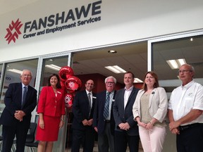 Fanshawe College representatives Bruce Babcock, left, Susan Cluett, Mike Amato and Ross Fair pose with MPP Jeff Yurek, Mayor Heather Jackson and Elgin County Warden Paul Ens at the grand opening of the Fanshawe Career and Employment Services office in Elgin Mall on Wednesday.