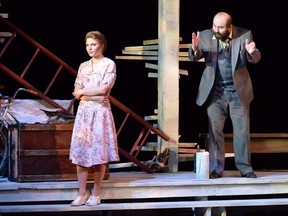 Actors Johnny Bobesich and Jessica Ducharme rehearse a scene from Talley’s Folly at the Palace Theatre (Photo courtesy of The Palace Theatre).