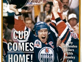 The Edmonton Sun's May 25,1990, front page shows a beaming Mark Messier hoisting the Stanley Cup after the Oilers beat the Boston Bruins 4-1 in Boston on May 24, 1990. This was the fifth time the Edmonton Oilers had won the Stanley Cup in seven seasons. Tom Braid/Edmonton Sun/Postmedia Network