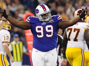 Buffalo Bills Marcell Dareus celebrates his sack against the Washington Redskins during the first half of their NFL football game in Toronto, October 30, 2011. (REUTERS/Mark Blinch)
