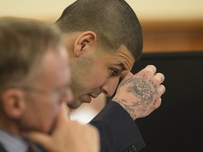 Former NFL player Aaron Hernandez looks on  during his murder trial at the Bristol County Superior Court in Fall River, Massachusetts, April 3, 2015. (REUTERS/CJ Gunther/Pool)