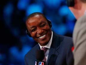 Former NBA player and sports commentator Isiah Thomas talks on air during the 2014 NBA Draft at Barclays Center on June 26, 2014 in New York City. (Mike Stobe/Getty Images/AFP)