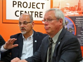 JASON MILLER/The Intelligencer
Belleville mayor Taso Christopher (left) and Coun. Jack Miller at the Mayor’s Implementation Team meeting Thursday.