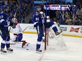 Steven Stamkos of the Tampa Bay Lightning celebrates his goal with Alex Killorn against Carey Price of the Montreal Canadiens in Game 6 of the Eastern Conference semifinals during the 2015 NHL playoffs at Amalie Arena on May 12, 2015. (Mike Carlson/Getty Images/AFP)