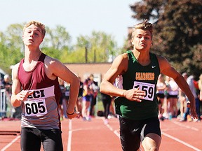 Lucas Clarke (left) of PECI and Damon Fair of Centennial compete in a senior boys 100m heat at the COSSA track and field championships Thursday on the Bruce Faulds Track at MAS Park. (Submitted photo)