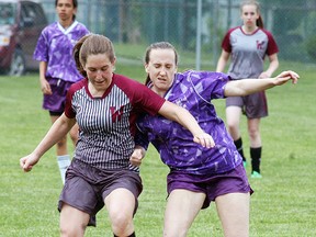 Wallaceburg Tartan Tina Foster fights for the ball during the LKSSAA 'AA” girls soccer final held on May 21 at Steinhoff Park.