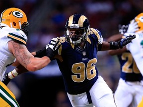 Defensive end Michael Sam of the St. Louis Rams in action during the preseason game against the Green Bay Packers at Edward Jones Dome on August 16, 2014 in St Louis. (Jamie Squire/Getty Images/AFP)