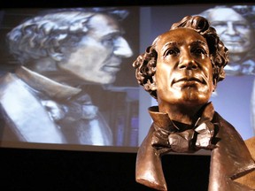 INTELLIGENCER FILE PHOTO 
This bronze bust created by Canadian-renowned sculptor Ruth Abernethy depicts a 19-year-old John A. Macdonald on his first court case in Picton Courthouse in 1834.