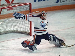 Edmonton Oiler goalie Bill Ranford makes a point blank toe save off of Winnipeg Jets Moe Mantha during game two of the Smythe Division Semi-Finals at Northlands Coliseum in Edmonton, Alta., on April 6, 1990. The Oilers went on to win the series in seven games. The Oilers would go on to beat the Boston Bruins in five games to win their fifth cup. Tom Braid/Edmonton Sun/QMI Agency