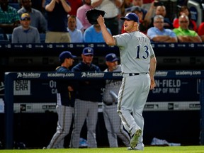 Will Smith of the Milwaukee Brewers reacts after being ejected during MLB play against the Atlanta Braves at Turner Field on May 21, 2015 in Atlanta. (Kevin C. Cox/Getty Images/AFP)